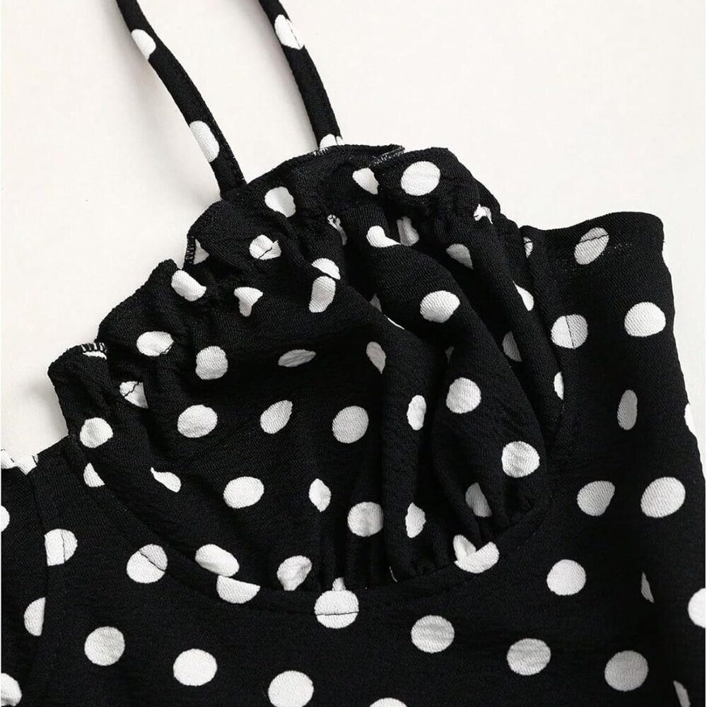 Women's Polka Dot Fishtail Maxi Dress with Ruched Bust Frill Trim - Picture 4 of 5